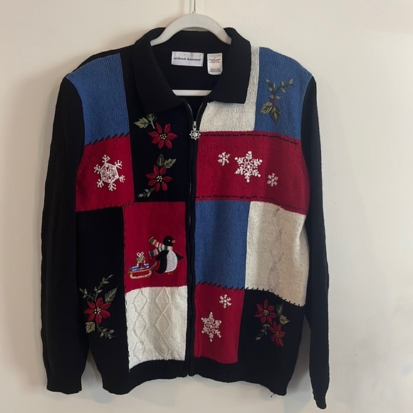 Alfred Dunner Zip Up Christmas Sweater Holiday Beaded Embroidered L Vintage - Picture 1 of 7